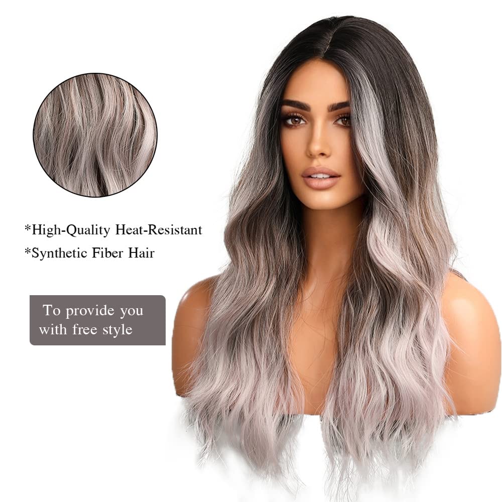 OUFEI Long Wavy Ombre Black Gray Wigs for Women Natural Synthetic Hair Heat Resistant Wigs for Daily Party Cosplay Wear-22 Inches - Image 2