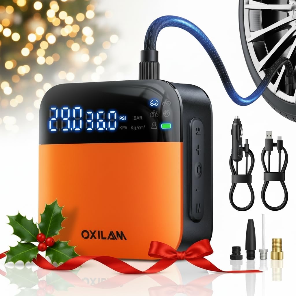 OXILAM C2 Tire Inflator Portable Air Compressor - 150PSI 4X Faster Air Pump for Car Tires with Tire Pressure Gauge, 12V Car Power Adapter, For Cars, Motorcycles, Bikes, Balls and More