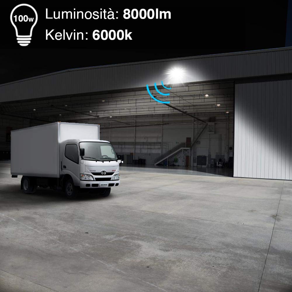 BAKAJI Faro Led Esterno con Sensore di Movimento PIR Regolabile 100W Luce Bianco 6000K Ultra-Luminoso 8000LM Lampada Faretto Slim da Giardino Illuminazione di Sicurezza Faretti Impermeabile IP65