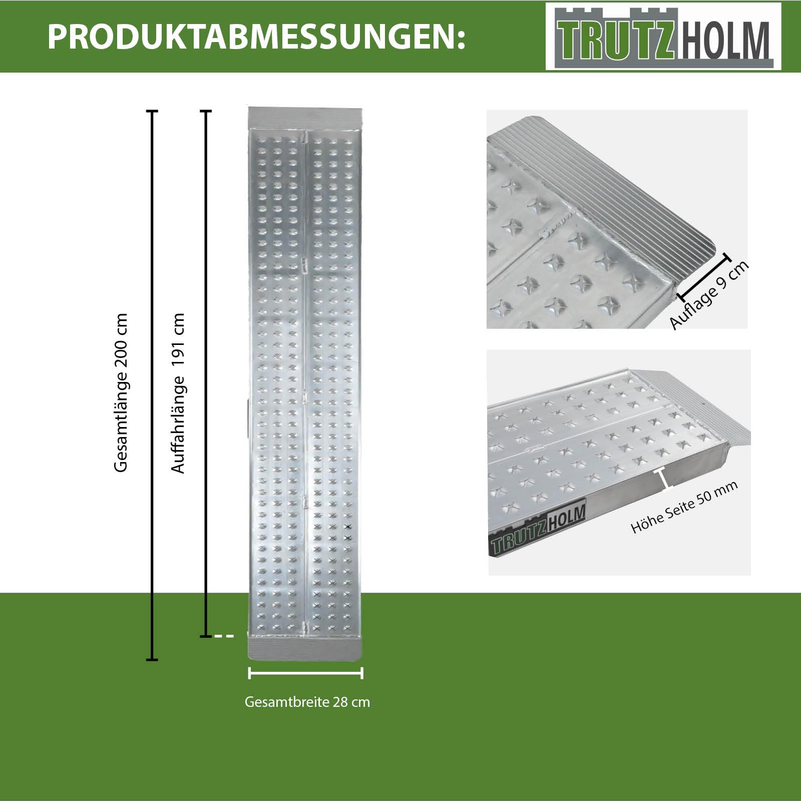 TRUTZHOLM 1x Auffahrrampe Aluminium Traglast 270 kg Länge 200 cm | gelochte rutschfeste Lauffläche Verladerampe Motorradrampe starr Laufflächenbreite 28 cm inkl. Spanngurt