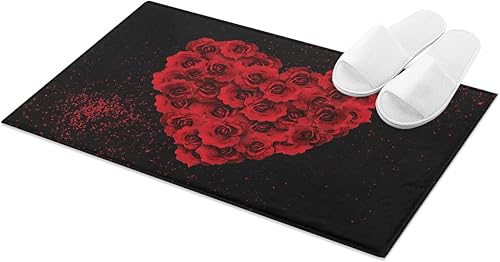 Plush Shag Bath Rugs Romance Red Blossoms Rose Heart Shaped Soft Fluffy Floor Doormat CarpetNon-Slip Door Mats for Living Room Bedroom Kitchen