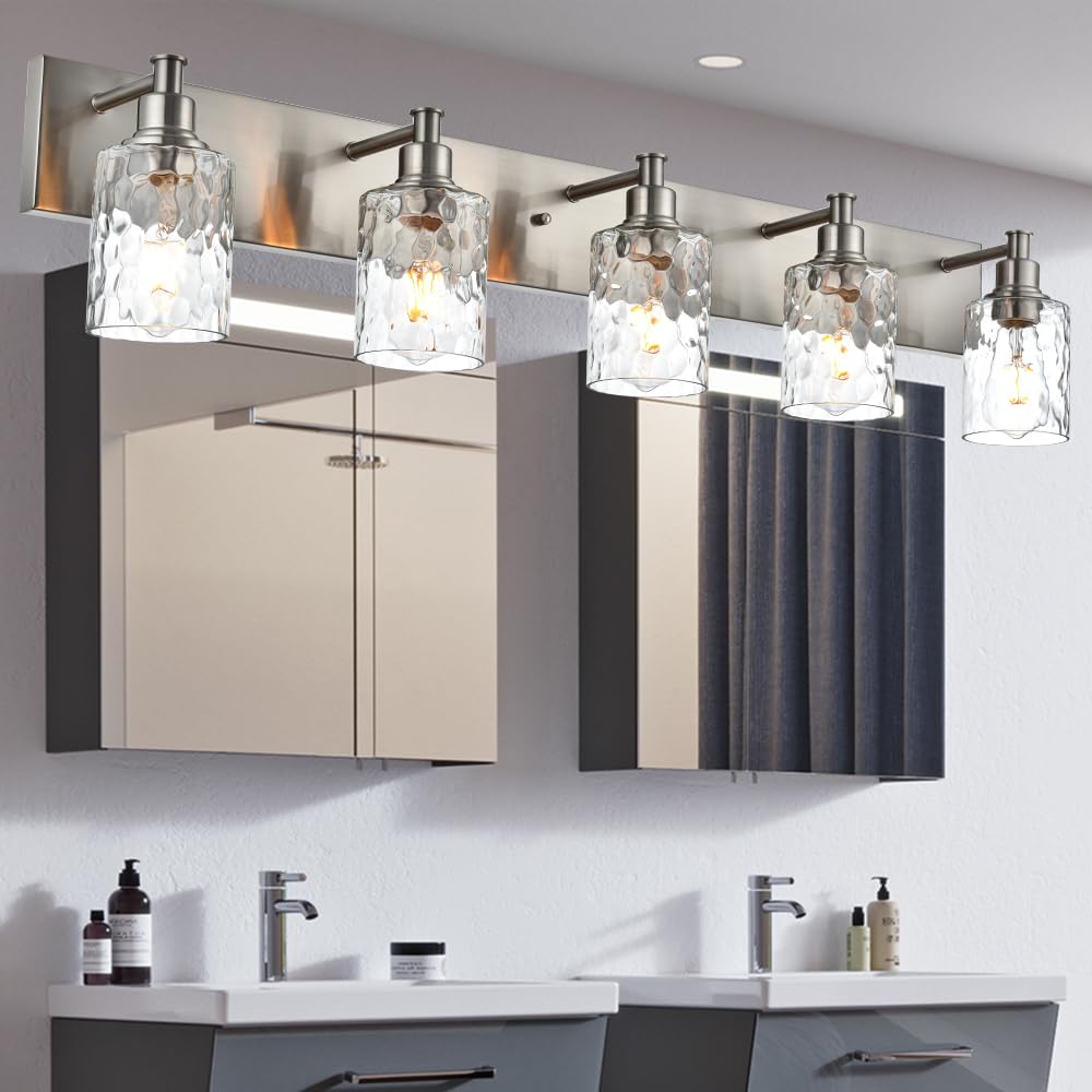 BONLICHT 5 Lights Sconces Wall Lighting Brushed Nickel with Hammered Glass Shade, Industrial Bathroom Light Fixtures Vanity Lights Porch Light Fixtures Classic Metal Wall Mount Lamp Over Mirror