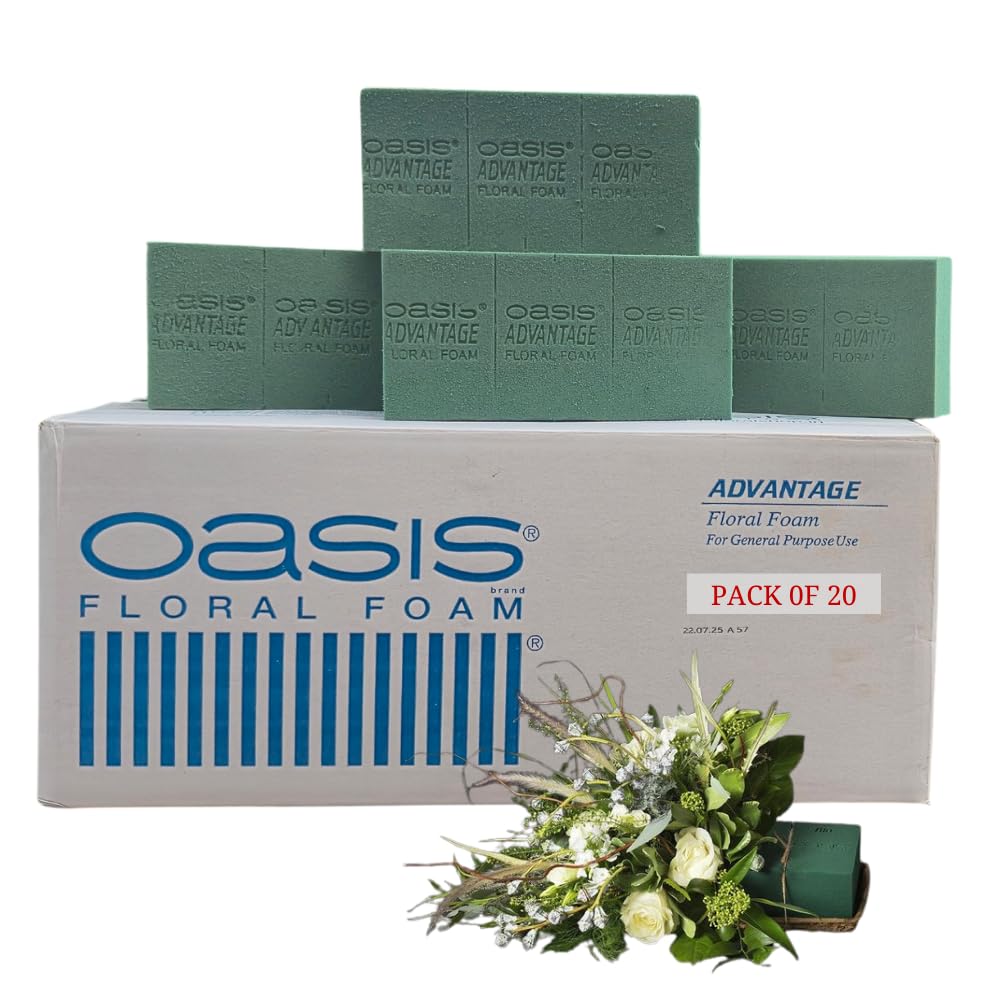 Oasis Pack of 20 Advantage Floral Foam Bricks | Green Florist Foam Blocks for Flower Arrangements in Home Décor, Weddings, Events, Festivals & More | Size 9 x 3 x 4 Inches (2320-20)