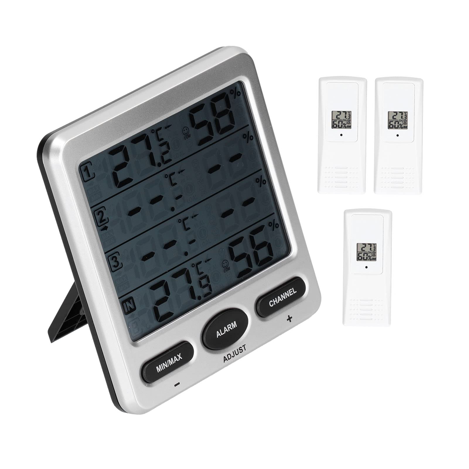 Innen- und Außenthermometer-Hygrometer mit 3 Fernsensoren, LCD-Digital-Temperatur-Feuchtigkeitsmonitor mit Scroll-Modus und Alarm, 433-MHz-Funkübertragung bis zu 100 m