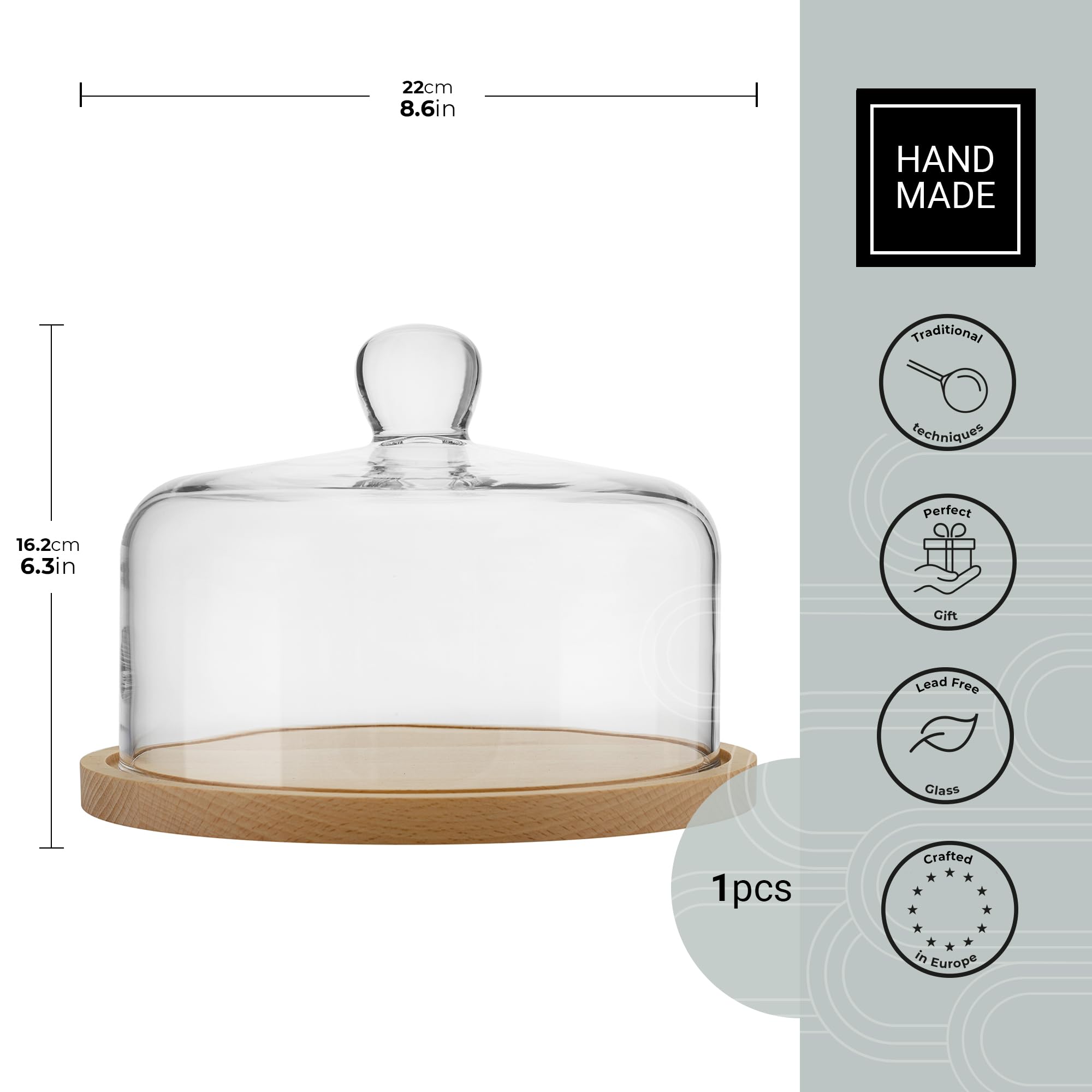Trend For Home Kuchenplatte Rund Ø 22 cm H: 16.2 cm Handgemacht Käseglocke Glas Mundgeblasen Glasglocke mit Holzboden Tortenplatte mit Deckel Tortenständer Holz mit Haube Mundgeblasene, Euphoria