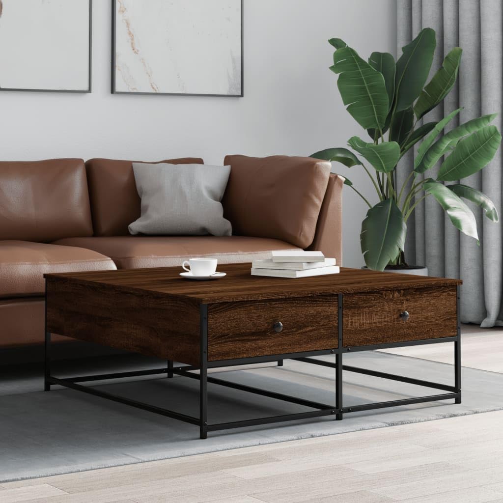 Hothingwell Inżynieria Drewniany Stolik kawowy 100x99x40 cm Brązowy | 2 szuflady do przechowywania, stabilna góra, wytrzymała metalowa rama, idealna do salonu