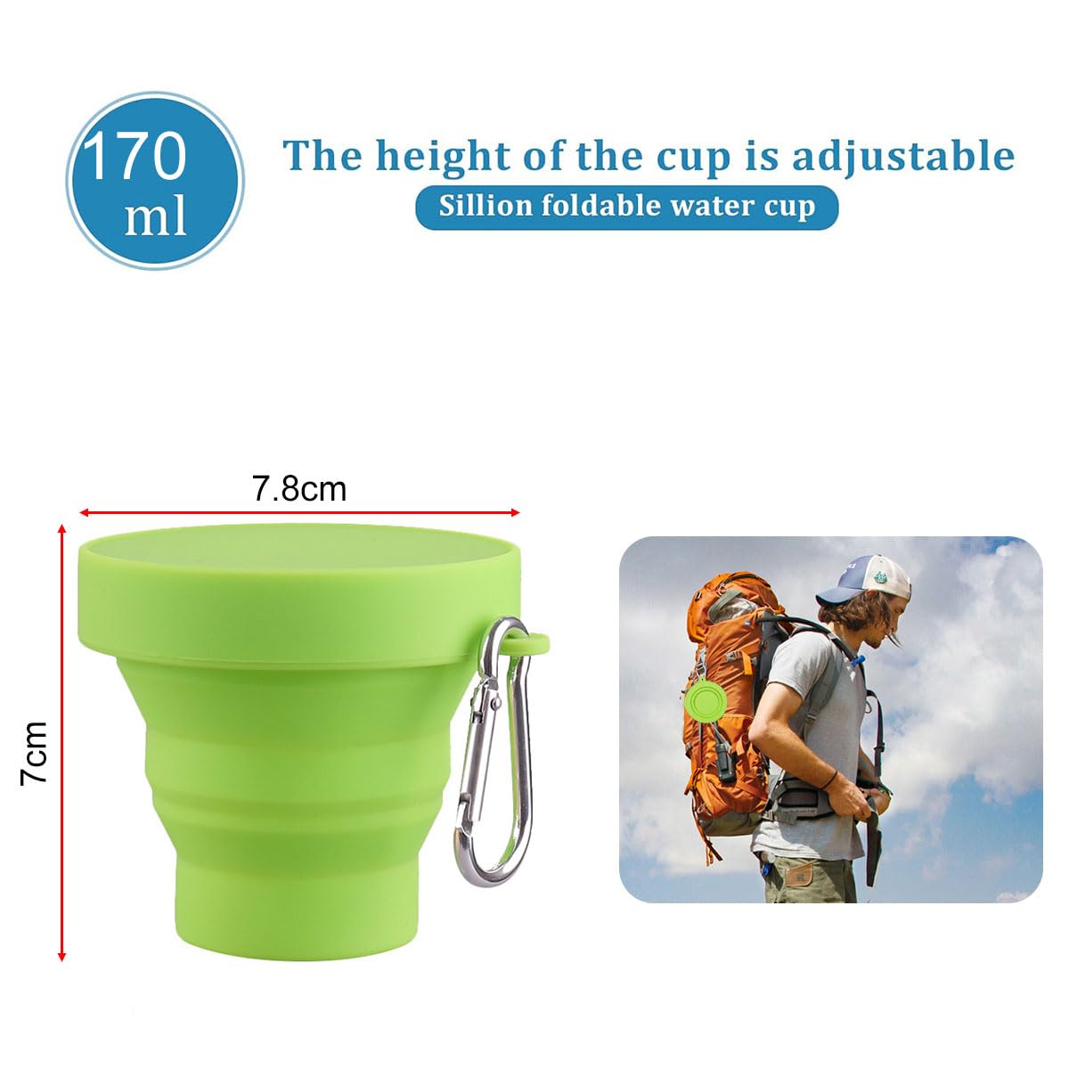 Bicchieri Pieghevoli In Silicone Da Viaggio - 2 Pezzi, 170 Ml, Verde E Giallo Con Ganci - Foto 4