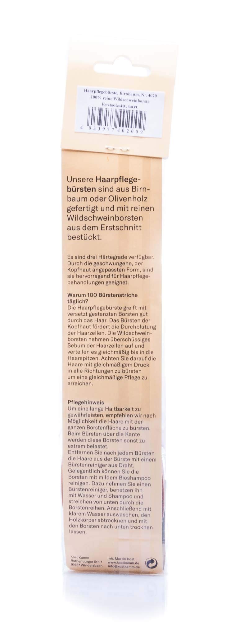 Kost Kamm Haarpflegebürste oval, Birnbaum, harte Wildschweinborste, 7-reihig