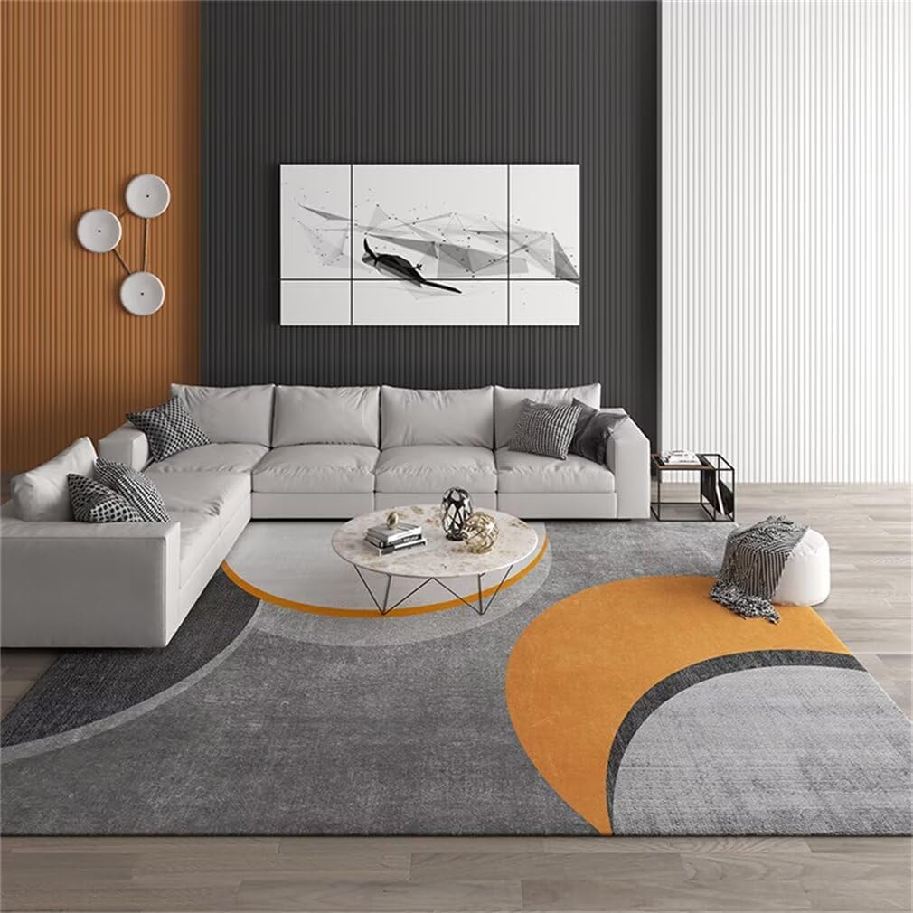 Tapis salon poil court 140x200 orange et gris géométrique moderne