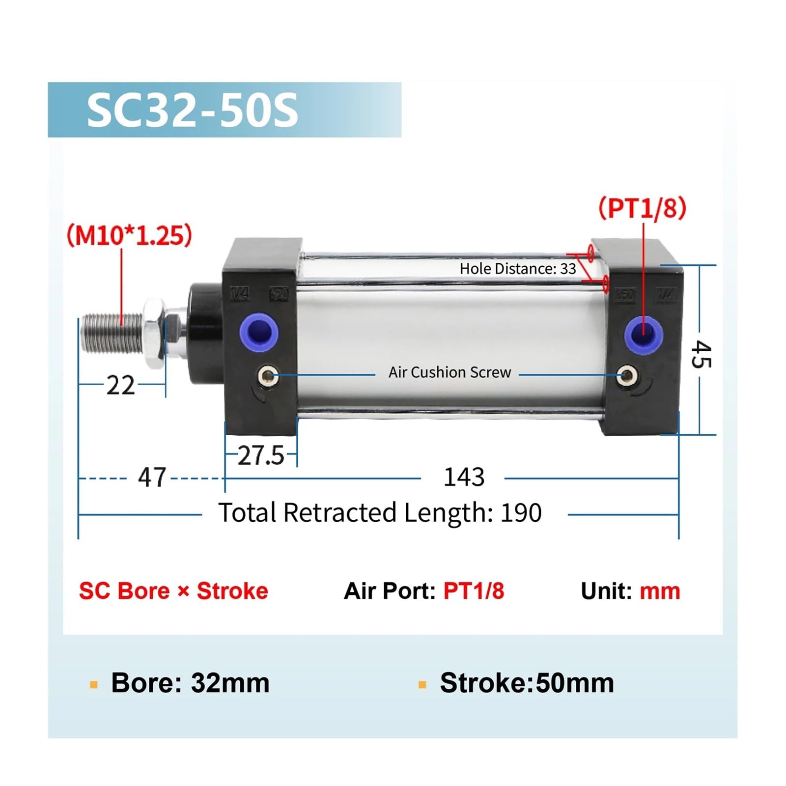 SC32 Pneumatikzylinder der SC-Serie, Kompakter Luftzylinder mit Zugstange, Magnetkolben, einstellbarer Hub(S32-100S)