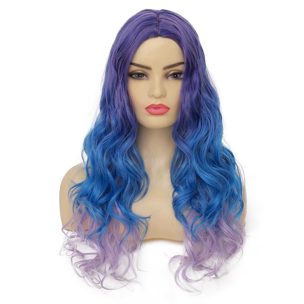 Swiking Purple Long Curly Ombre Wigs for Women Purple Mixed Blue Wavy Synthetic Hair Colorful Cosplay Halloween Costume Wigs - Image 3
