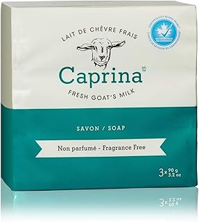 Caprina Fresh Goat’s Milk Bar Soap, FRAGRANCE FREE, (3-Pack), 3.2 oz (90 g) Each, Gentle Daily Cleanser, Softening & Biodegradable Formula, No Phosphates or Parabens