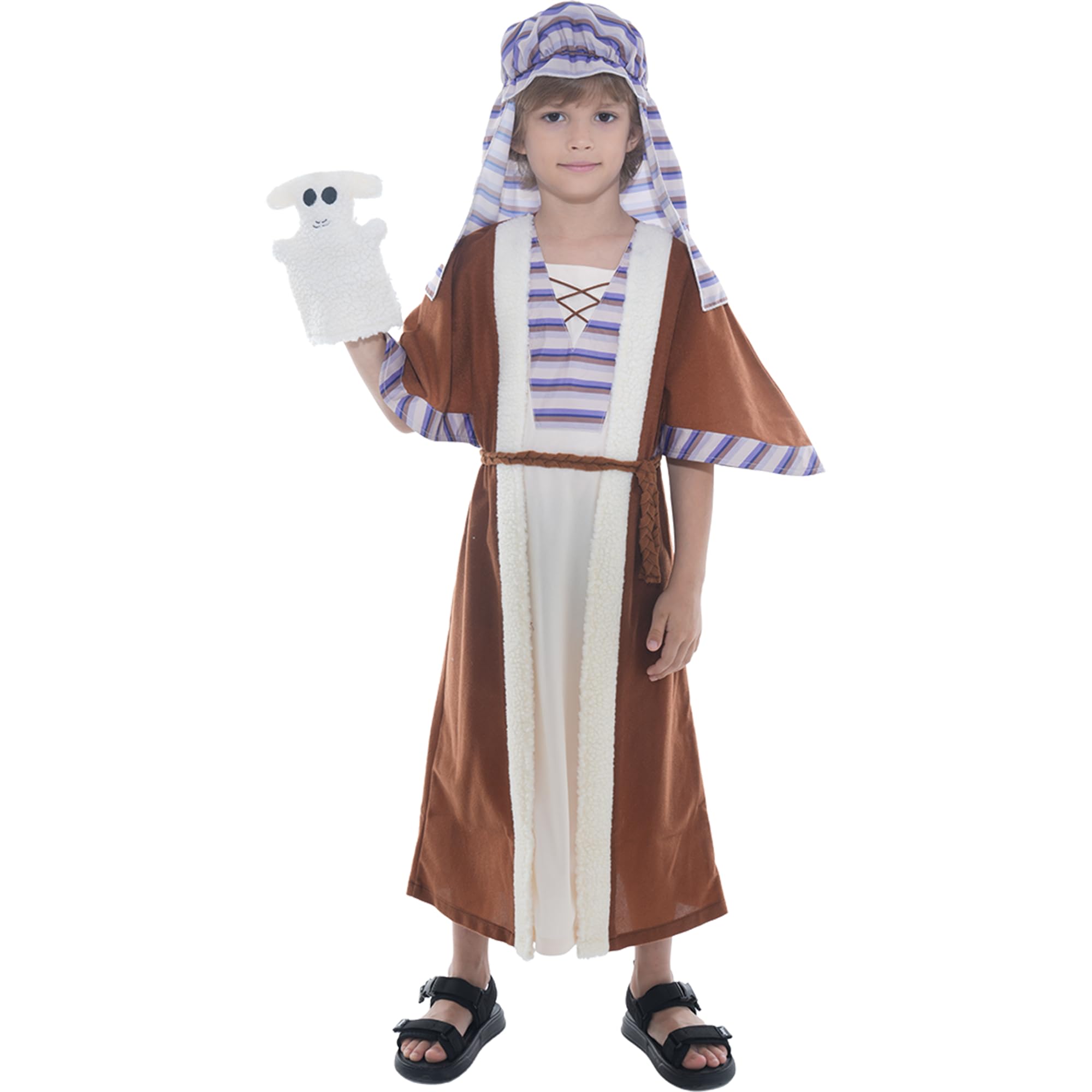 Wizland Kids Shepherd Costume Black&White Strip with Lamb Prop,Jesus Nativity-Ideal Christmas Fancy Dress Outfit for Boys 4-6 Years
