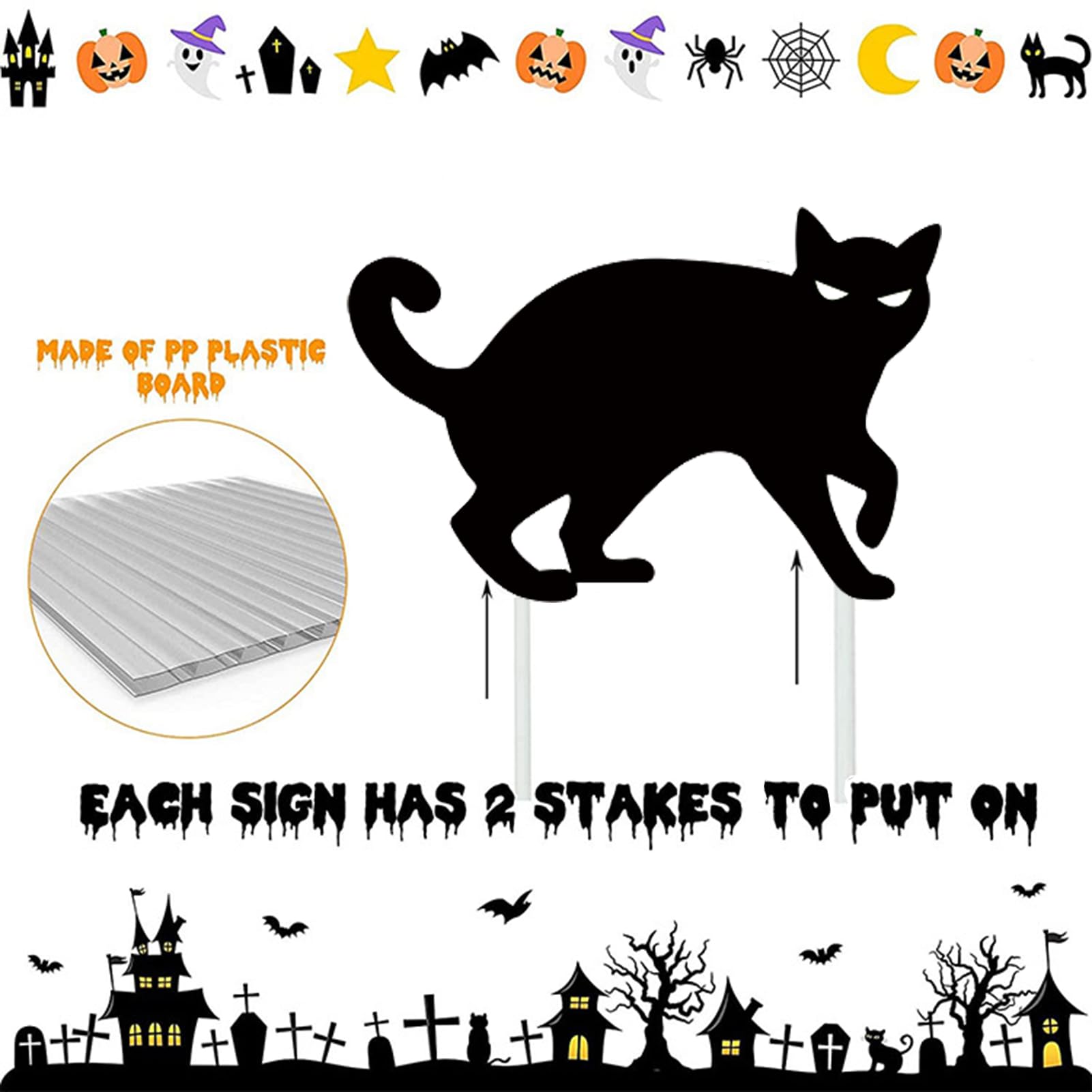 Halloween-Gartenschilder Mit Schwarzen Katzen – 6 Stück, Mit Leuchtenden Augen & Erdheringen