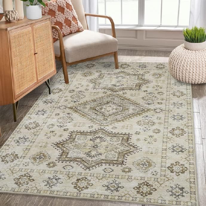 Fashionwu Alfombra bohemia de 5 x 8 pies, estilo oriental para dormitorio, tapete de baño, medallón envejecido, lavable a máquina, alfombra estética