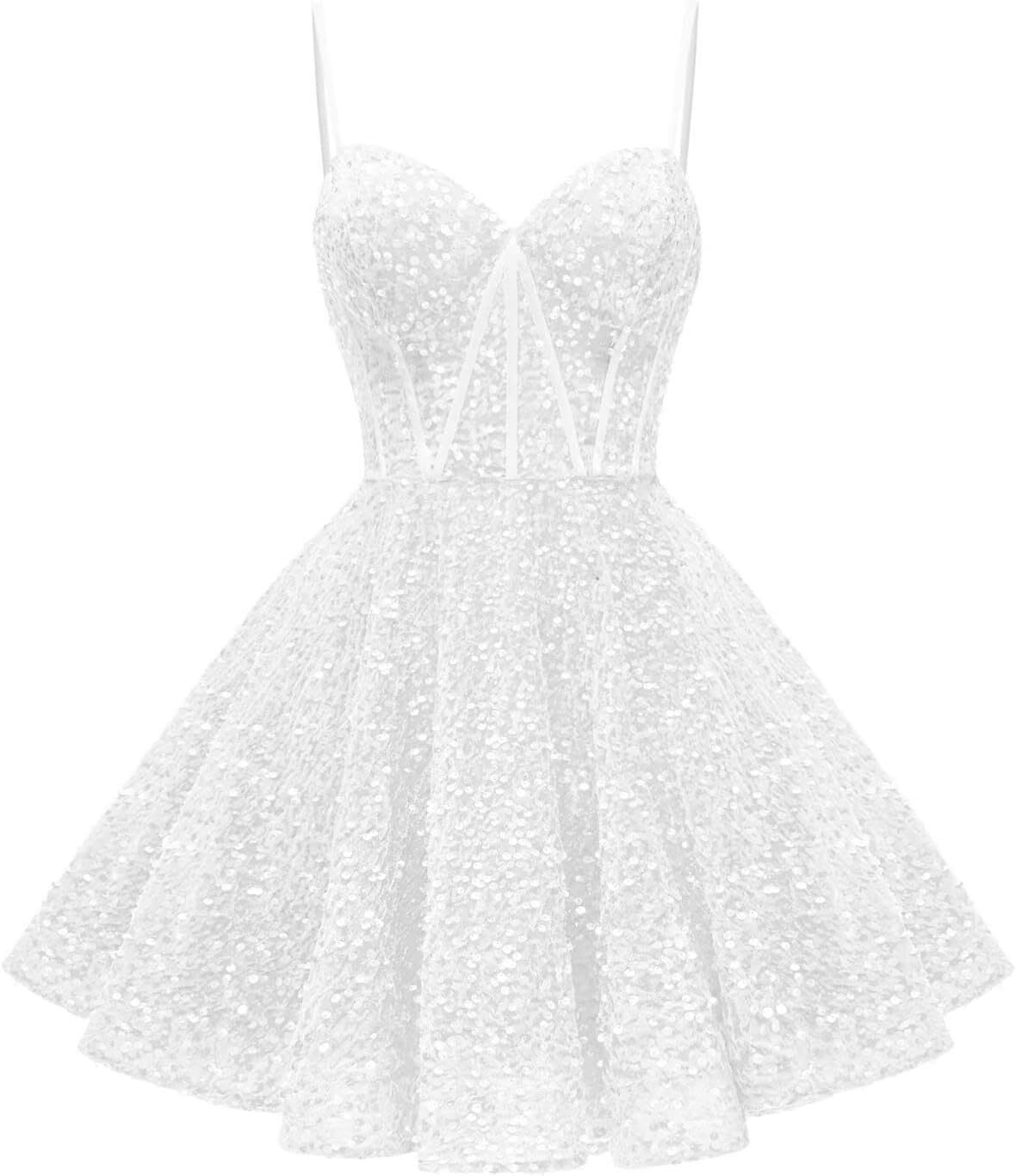 Hppee Women's White Sequin Homecoming Dress Short Spaghetti Strap Prom Gown A Line Cocktail Dresses For Teens Uk12