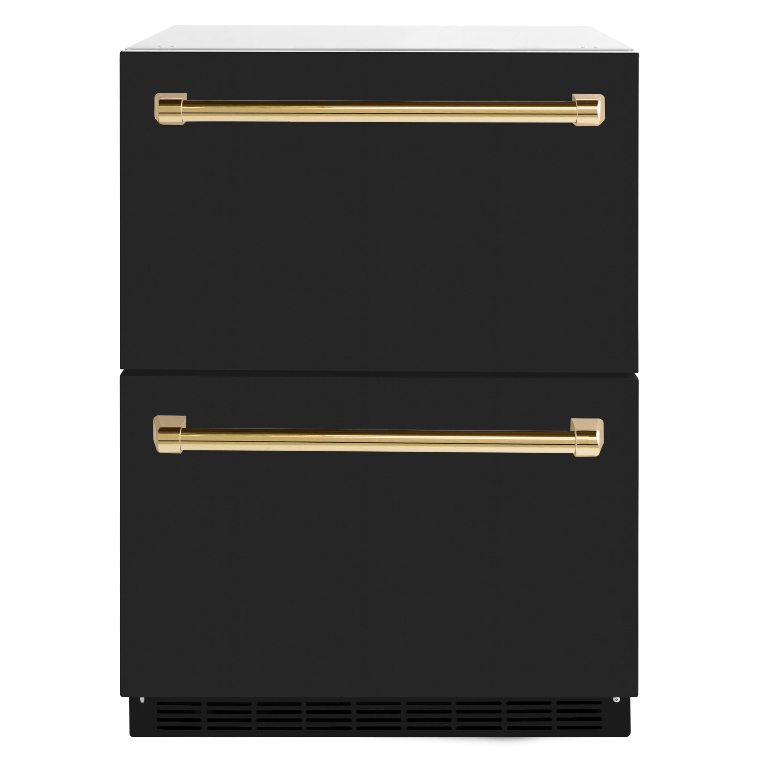 ZLINE Autograph Edition 24 in. Touchstone 168 Can Outdoor-Rated Dual Refrigerator Drawer with Black Matte Doors and Polished Gold Handles (RDSOZ-BLM-24-G)