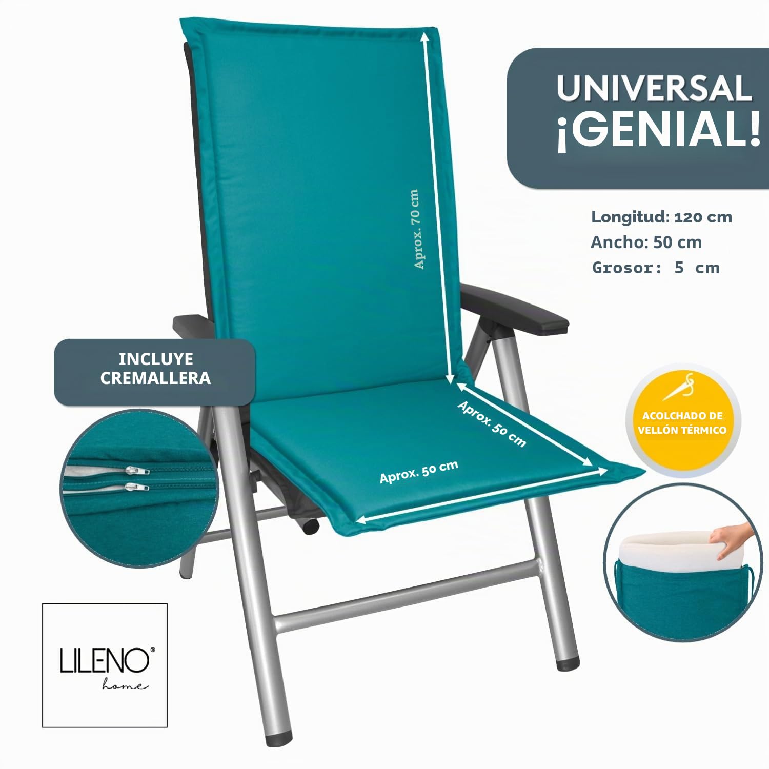 LILENO HOME Cojines para silla de jardín [juego de 2 unidades – respaldo alto] en color azul petróleo – Tumbona cómoda como cojín para muebles de jardín – Cojín para sillas de jardín y sillas