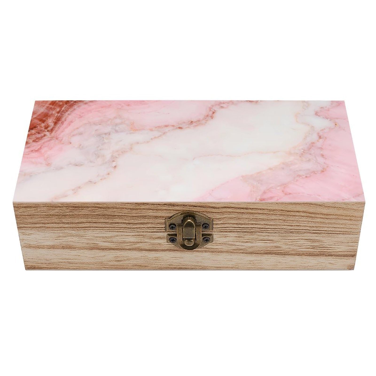 SMAZDFXX Pink Marble White Wooden Storage Box With Hinged Lid Decorative Front Clasp Keepsake Boxes