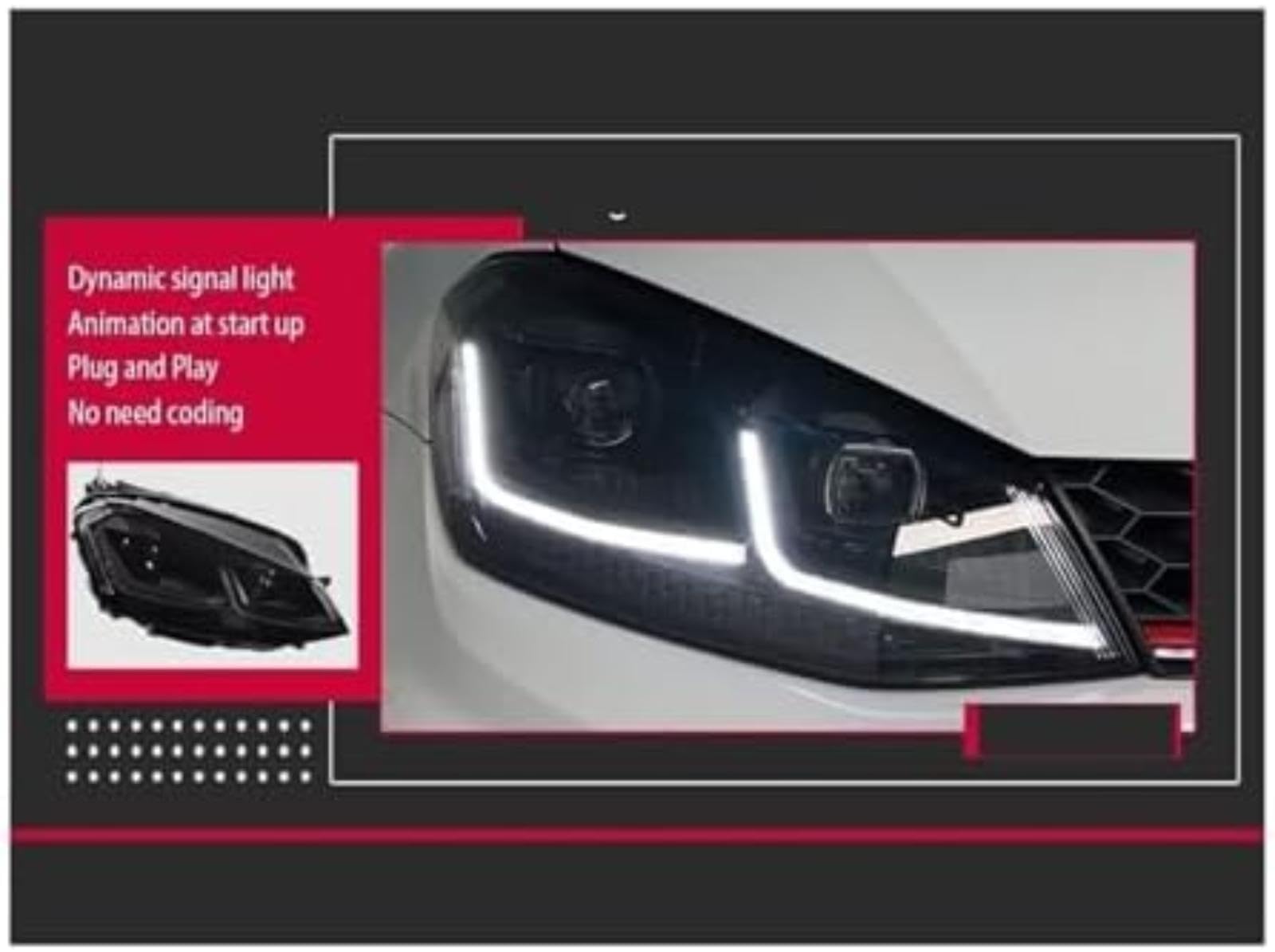 Dla Vw, dla golfa 7.5, dla 2013-2020 reflektor samochodowy Drl lampa czołowa Hid dynamiczny sygnał Bi przednie lampy reflektor włącz światło Wskaźnik lusterka bocznego (Red All LED 7)