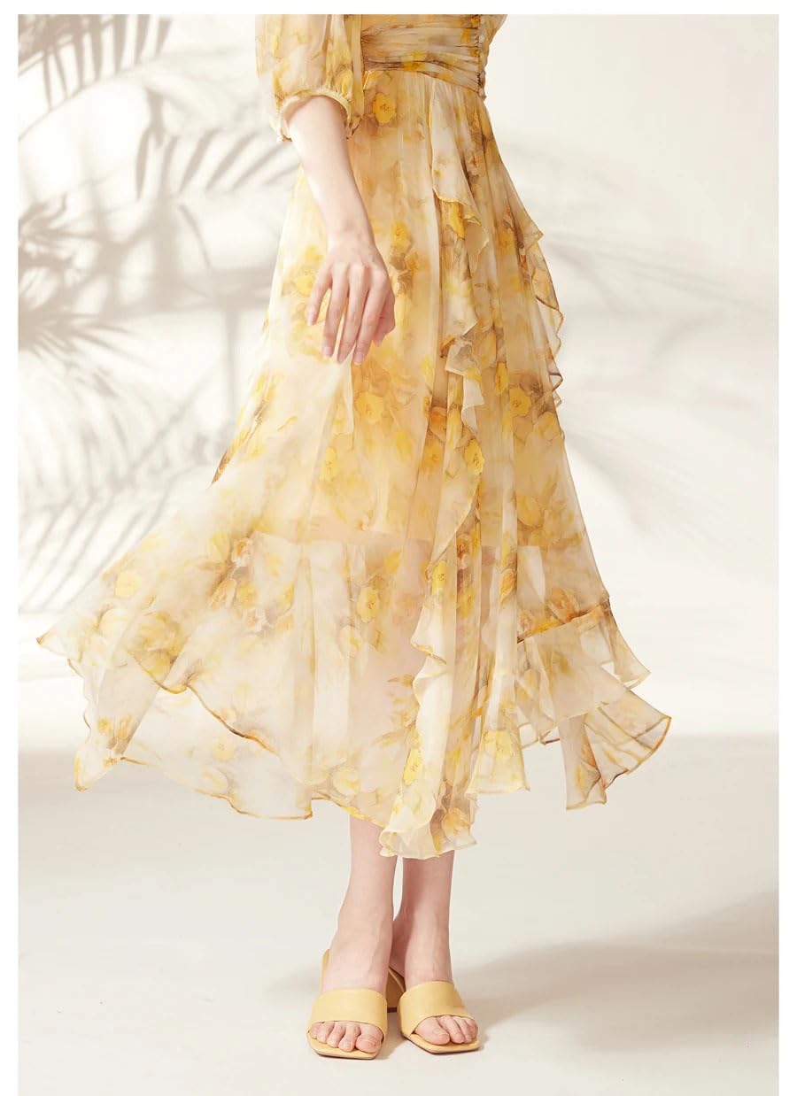 Pulcykp Vestido largo midi de media manga con estampado floral para mujer, elegante, casual, ajustado