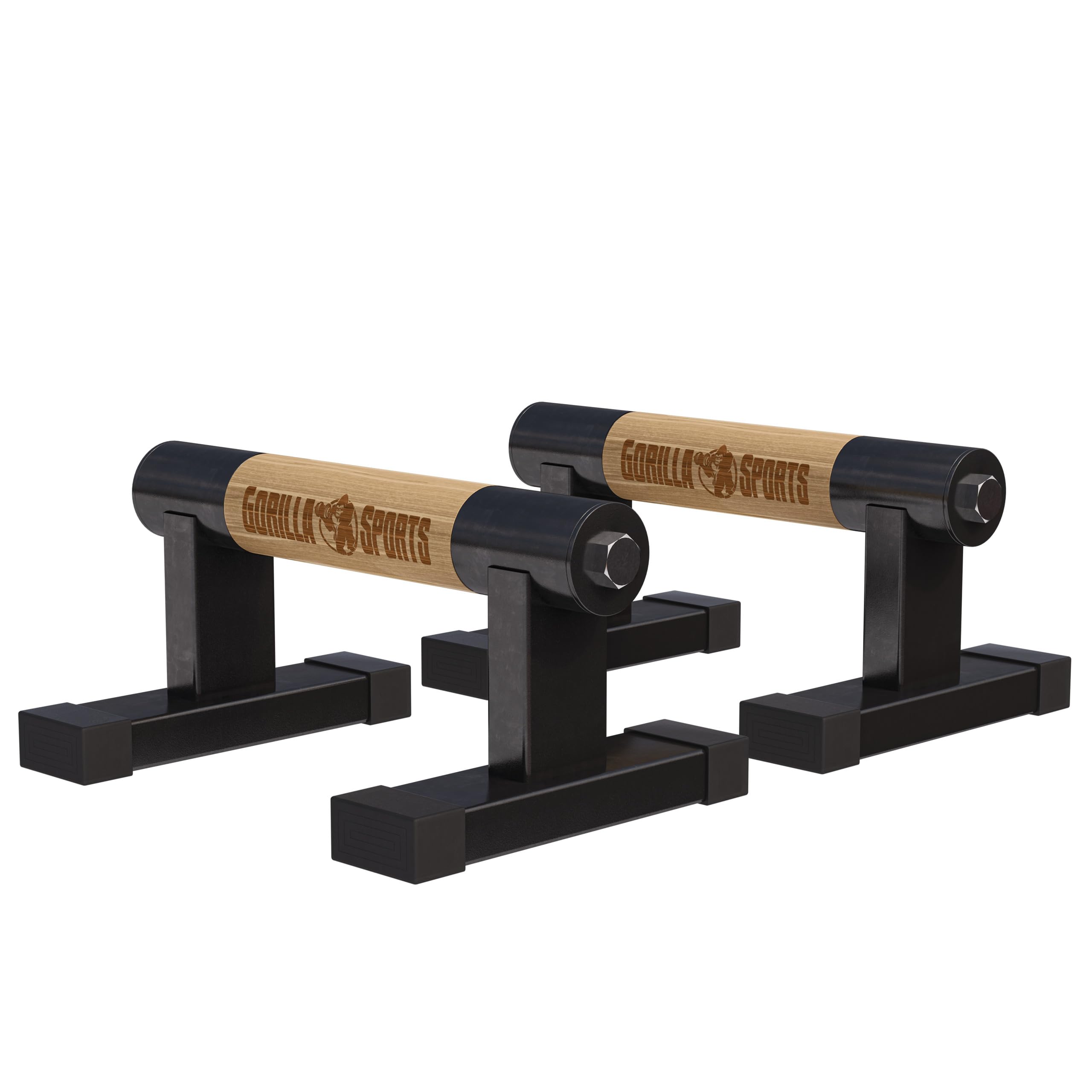 GORILLA SPORTS® Poignées de Pompe - Bois, Acier, Pieds en Caoutchouc Antidérapants, Parallettes Durables, Max 300kg, Sac Inclus - Barres Parallèles, Poignet de Force, Grip Musculation, Sport Maison