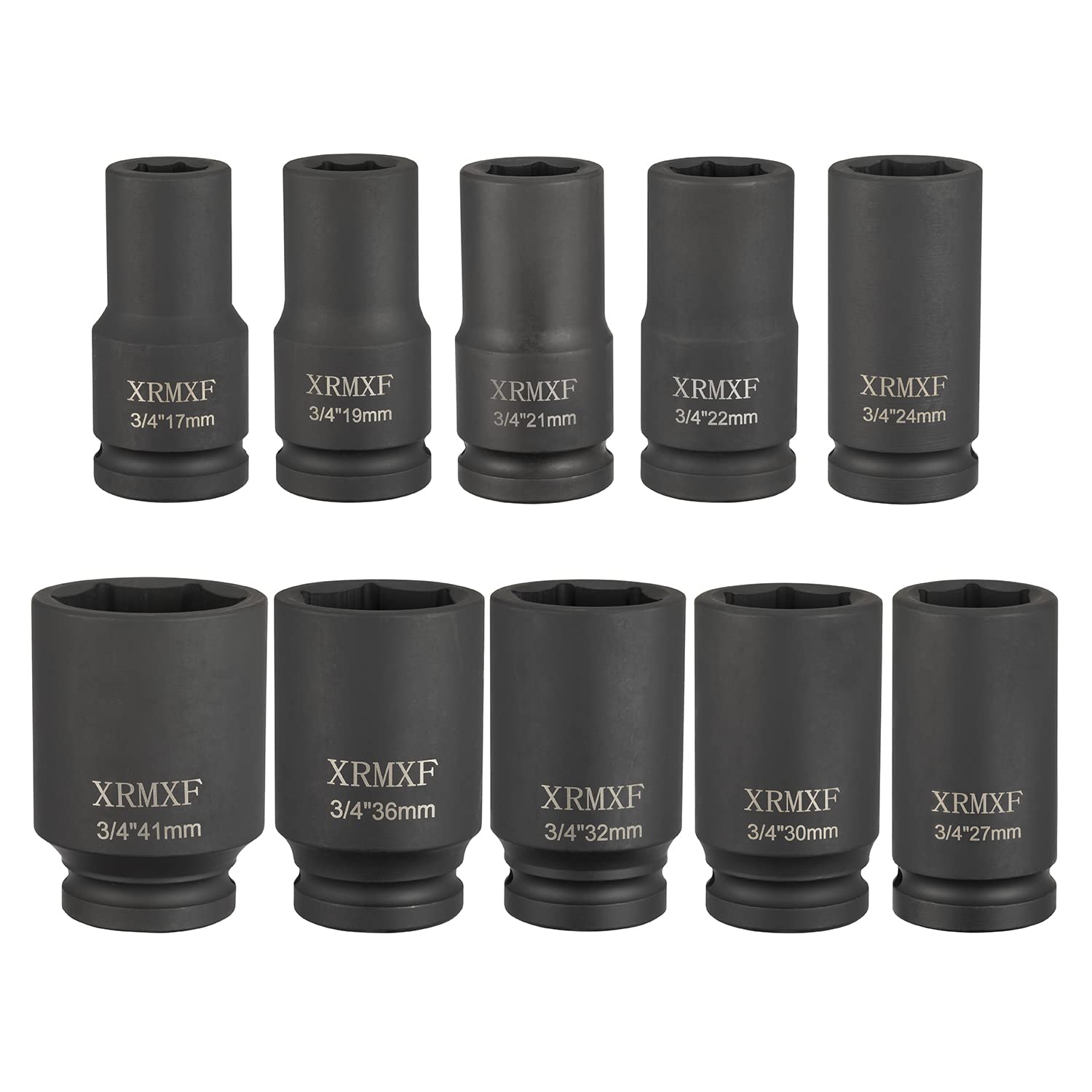 Set di 10 dadi per avvitatore a percussione, 3/4", 17, 19, 21, 22, 24, 27, 30, 32, 36, 41 mm, esagonale, set di bussole lunghe
