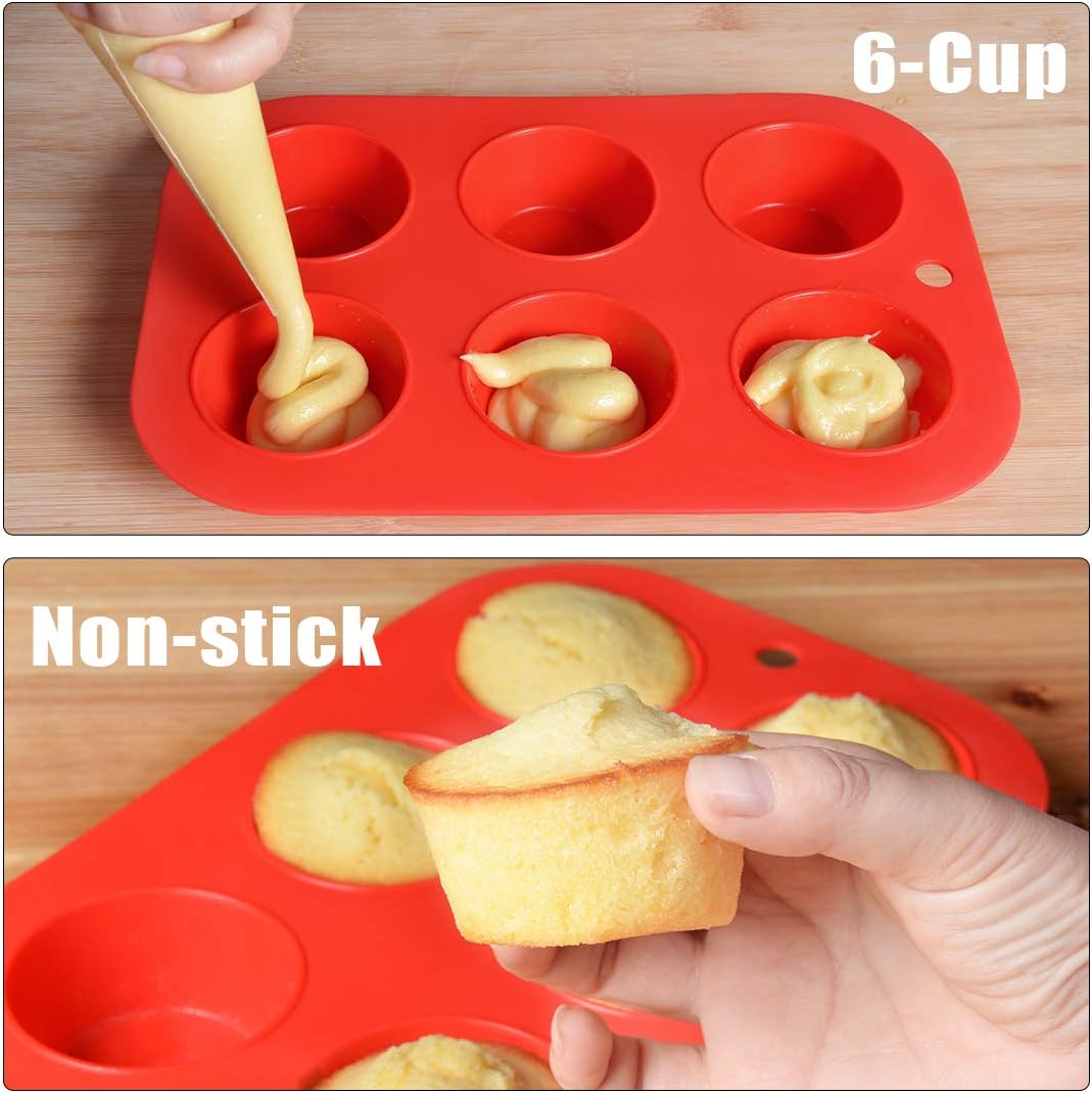 CAKETIME Silicone Muffin Pan Cupcake Pans - 6 Cups Regular Size Silicone Baking Molds 2 Pack Nonstick BPA Free