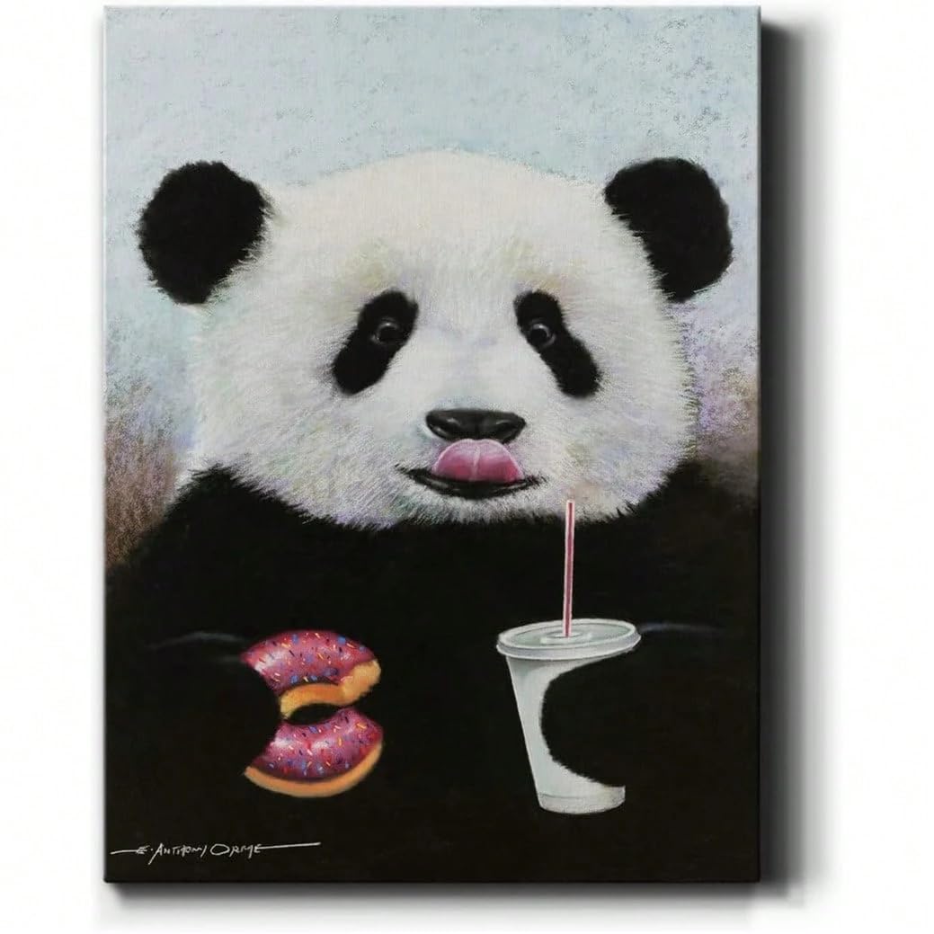 AIHNBF Divertido mural de panda con donut y bebida, bonito lienzo de dibujos animados para habitación infantil y bebé, 50 x 75 cm