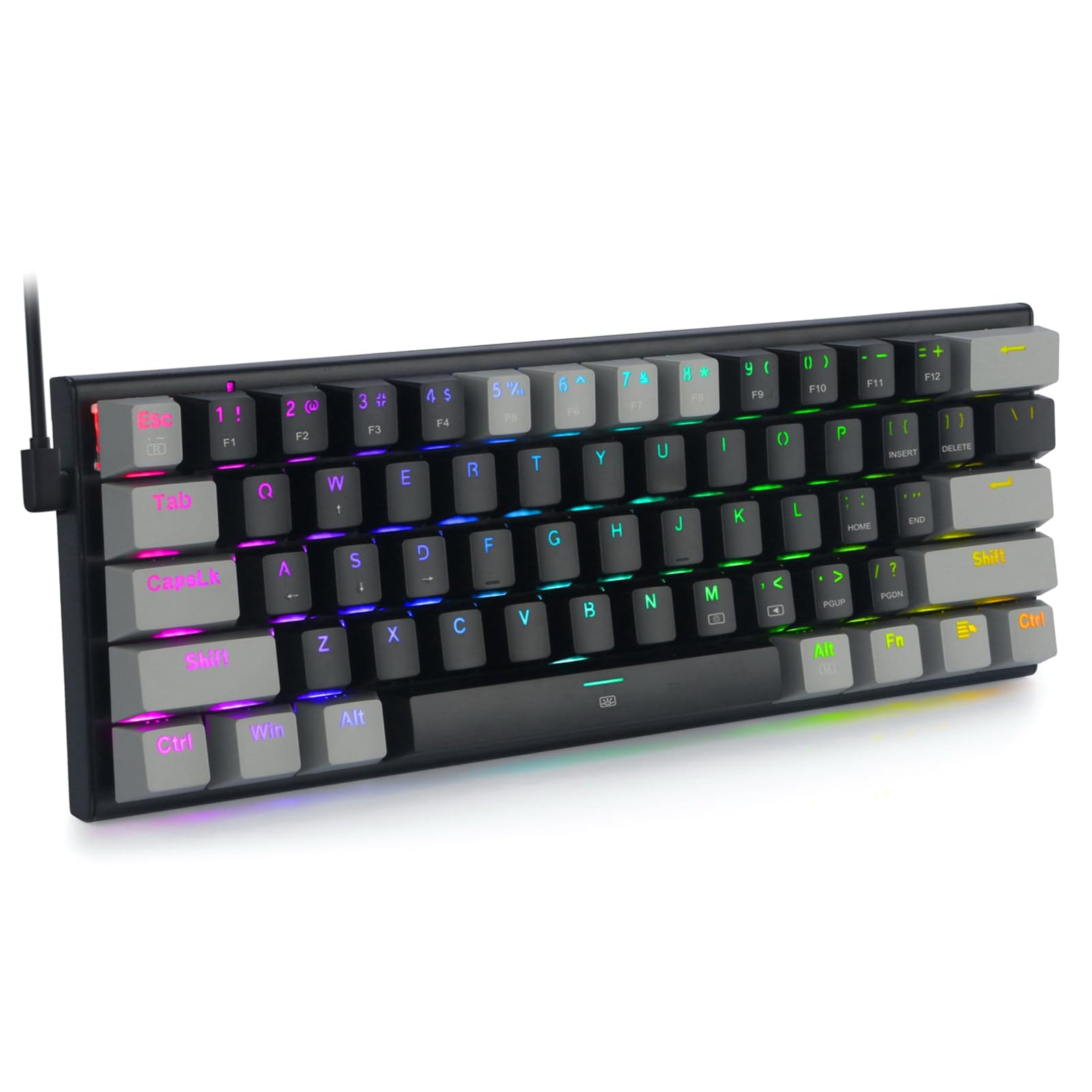 Rightsure Mechanical Keyboard, 60% Wired Gaming Keyboard, 61 Keys Blue Switch Compact Waterproof RGB Backlit Hot Swap USB-C for PC Computer Gamer (Black- Grey)