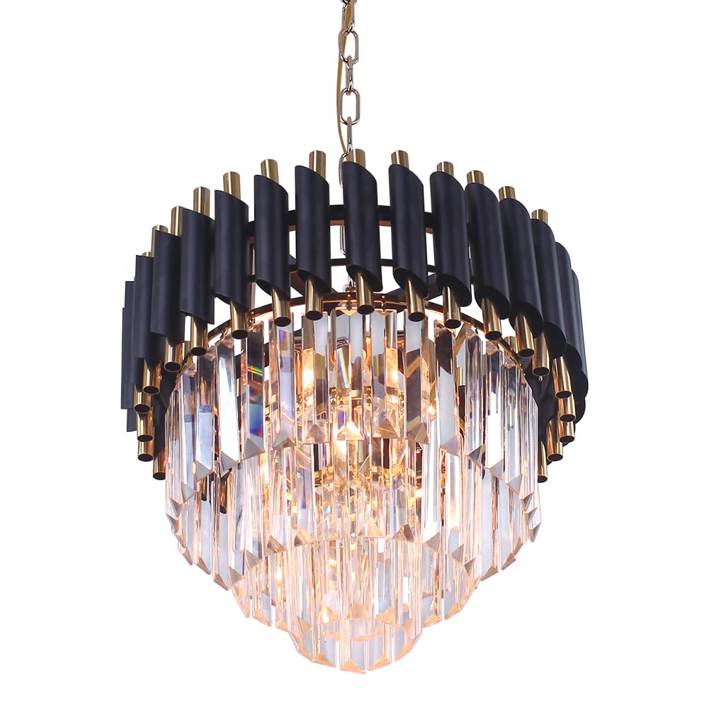 FRIXCHUR Moderne Kristall Kronleuchter 3-Tier Kristall Kronleuchter Licht 15,7 '' Schwarz und Gold Pendelleuchten für Wohnzimmer Küche Insel Foyer E14x5 Glühbirne (nicht enthalten Glühbirne)…