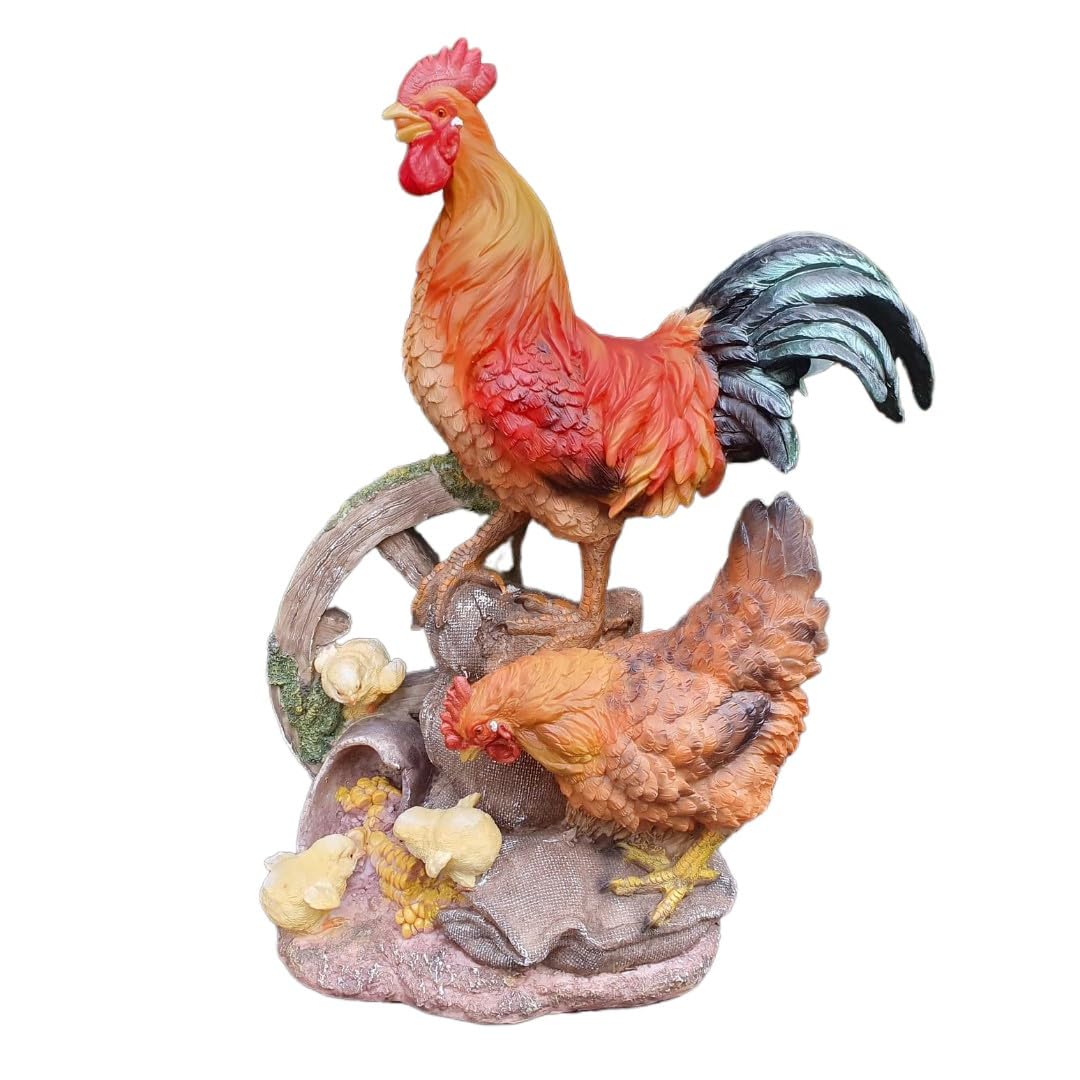 Figurka ogrodowa koguta z kurczakiem i pisklętami na kole, 44 cm, figurka do ogrodu, odporna na warunki atmosferyczne dekoracja, figurka farmy