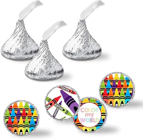 AmandaCreation - Etiquetas adhesivas para fiesta de cumpleaños con temática de crayón, 300 calcomanías circulares de tamaño 0.75 pulgadas para besos