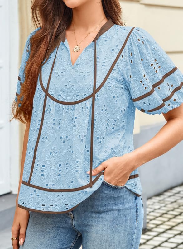 (Size XXL) Falechay Women Blouses V Neck Puff Short Sleeve Womens Summer Tops Eyelet Embroidered Clothes Trendy Causal Babydoll Shirts Light Blue XX-Large