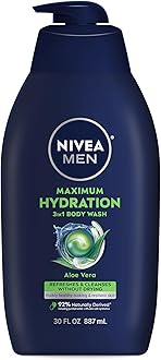 Nivea Men Maximum Hydration Body Wash for Dry Skin, Aloe Vera Enriched, 3-in-1 Moisturizing Body Wash, Face and Hair, Paraben Free, Vegan Formula, 30 Fl Oz Bottle