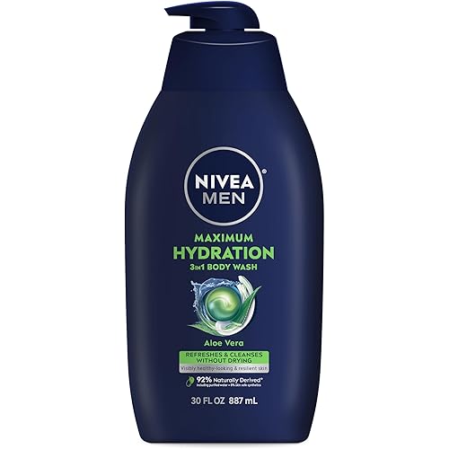 Nivea Men Maximum Hydration Body Wash for Dry Skin, Aloe Vera Enriched, 3-in-1 Moisturizing Body Wash, Face and Hair, Paraben Free, Vegan Formula, 30 Fl Oz Bottle