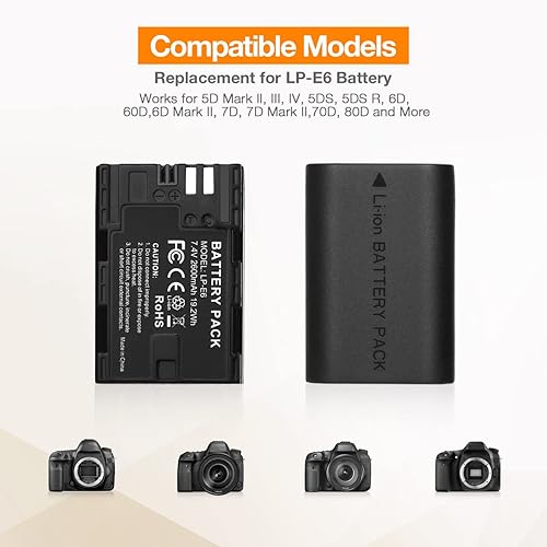 Miniatura 3 de LP-E6 LP E6N - Juego de baterías de repuesto para cámara y cargador dual rápido para baterías 5D Mark II, III, IV, 5DS, 5DS R, 6D, 60D, 6D Mark II,