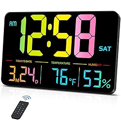 MASHI Digital Clock, 13" Large Display Digital Wall Clock, Adjustable Brightness Calendar Clock with Day and Date,DST,Alarms,Humidity,Temperature for Desk,Wall Mounted (Black Case Color Light)