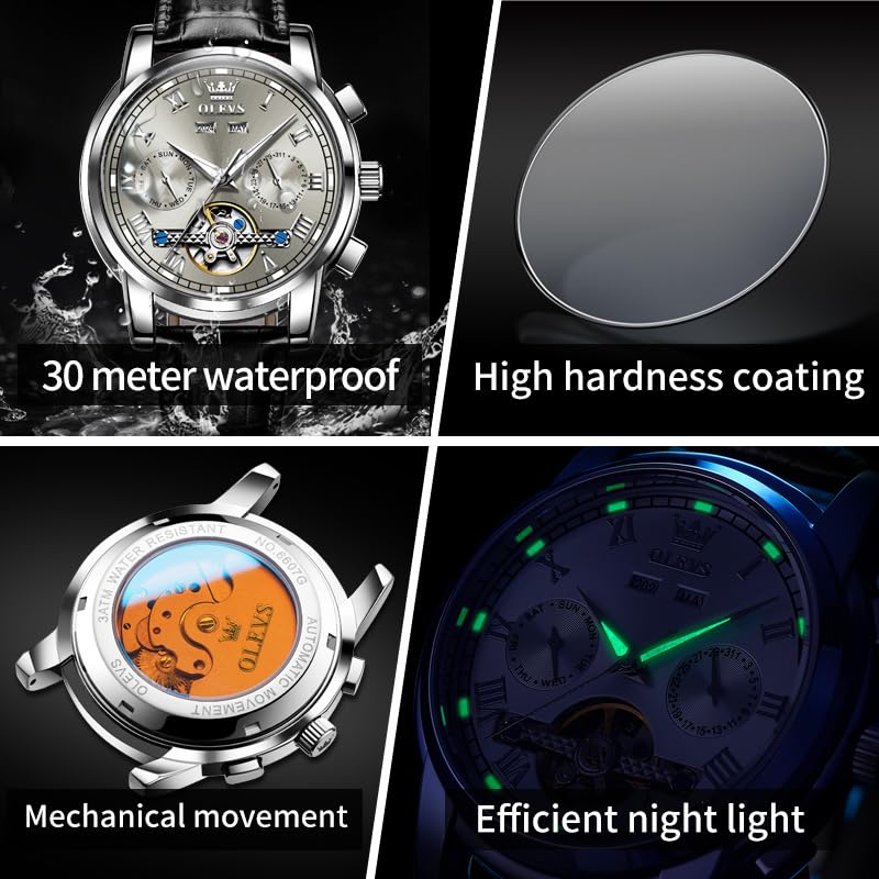OLEVS Men's Watch Automatic Luxury Dress Tourbillon Chronograph Big Face Calendar Self Winding Wrist Watches for Men Business Moon Phase Mechanical Male Watches Luminous Waterproof