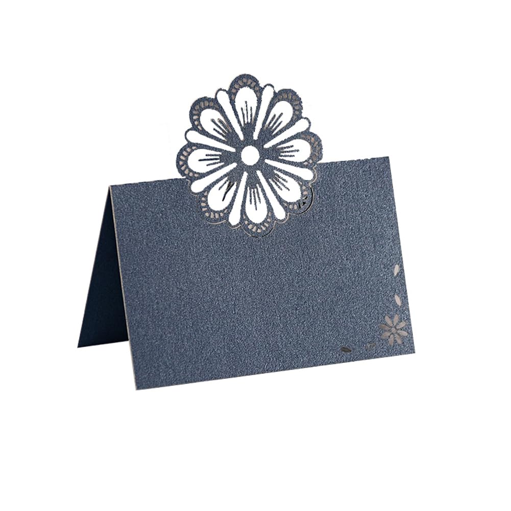 KOSTOO Table Card for Wedding Bride Shower Dinner, Reception, Banquet, Buffet Food, Seating Place Cards for Tables, Scored for Easy Folding, Hollow Flower Design, 50 Pack (Navy blue)