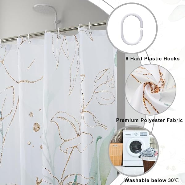 Cortina de Ducha de Hoja Eucalipto, Cortinas de Ducha Verde Oro Abstracto Planta Cortinas de Baño Antimoho Impermeable Lavable Tejido de Poliéster Cortina Ducha con 12 Ganchos 120x200cm - 5