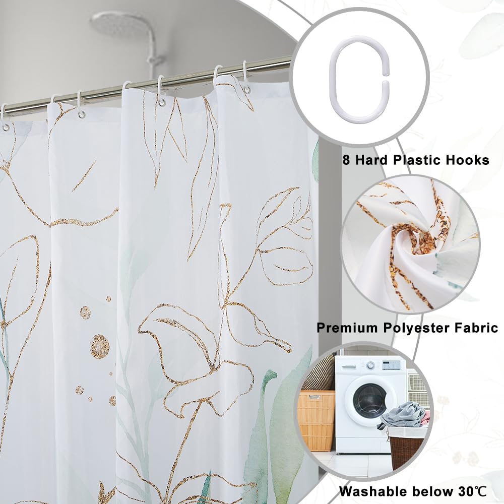 Cortina de Ducha de Hoja Eucalipto, Cortinas de Ducha Verde Oro Abstracto Planta Cortinas de Baño Antimoho Impermeable Lavable Tejido de Poliéster Cortina Ducha con 12 Ganchos 120x200cm — view 5