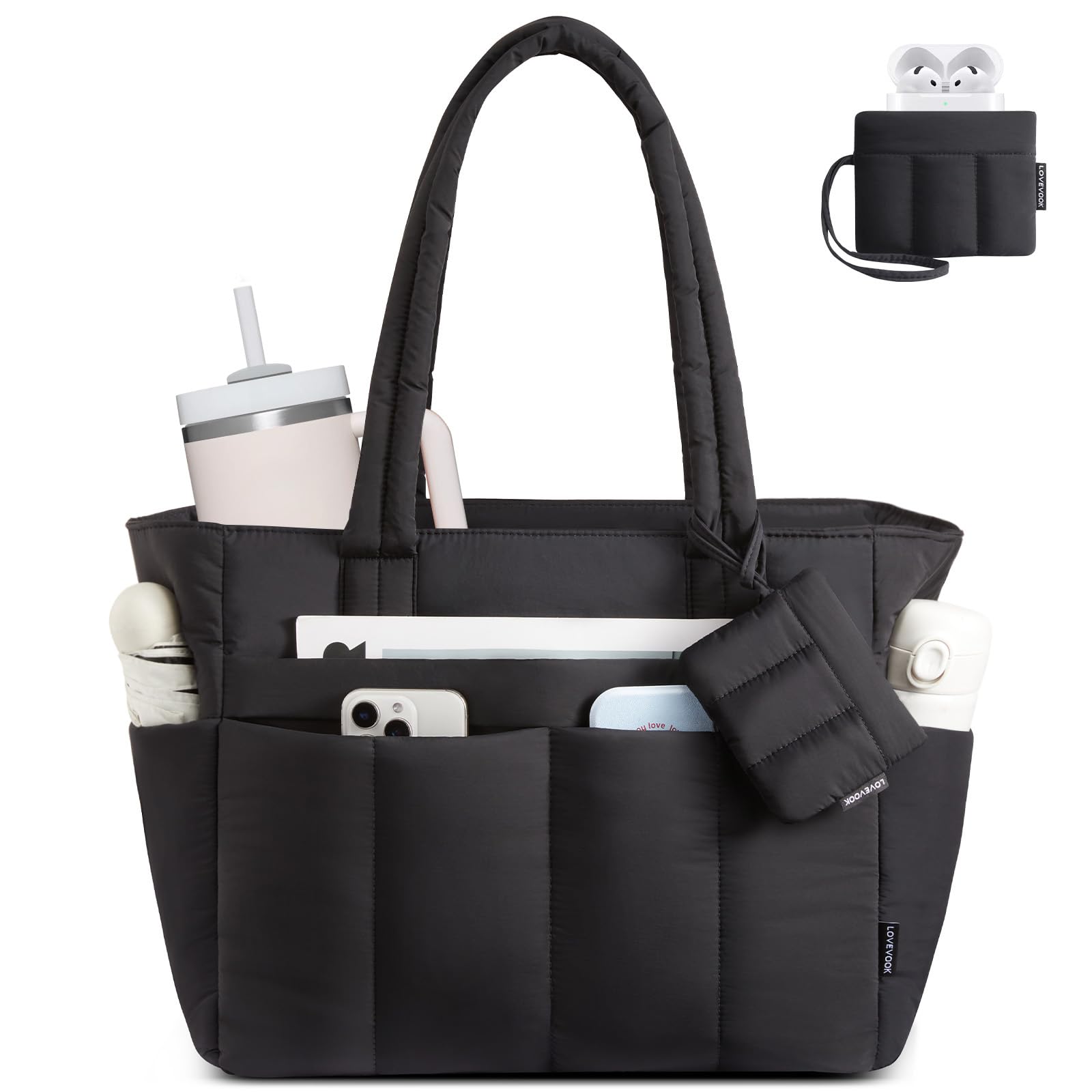 LOVEVOOK Shopper Tasche Damen Handtasche Groß, Leicht Arbeitstasche Puffer Tote Bag mit Vielen Fächern, 17,3 Zoll Laptoptasche Schultasche Lehrertasche, Schultertasche für Arbeit Büro Uni Reise