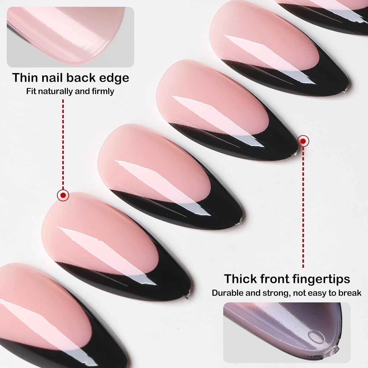 240pc Almond Press on Nails Medium Fake Nails, Black French Tip Nails Press ons Nail Almond Glue on Nails Nude Acrylic Nail Medium Press-on Nail French False Nail Artificial Fingernail with Glue Tab