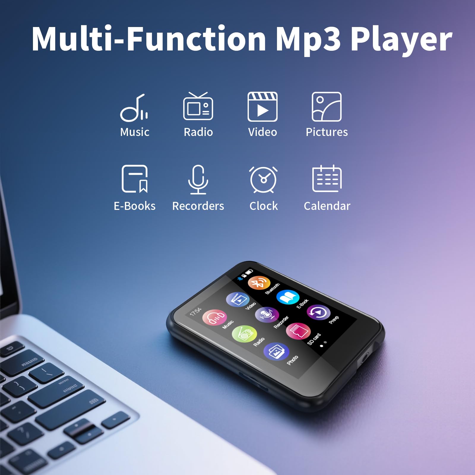 Reproductor MP3 de 64 GB con Bluetooth 5.3, pantalla táctil completa de 2.4 pulgadas, MP3 para niños, radio FM, grabadora de voz, sonido HiFi, libro electrónico, auriculares incluidos