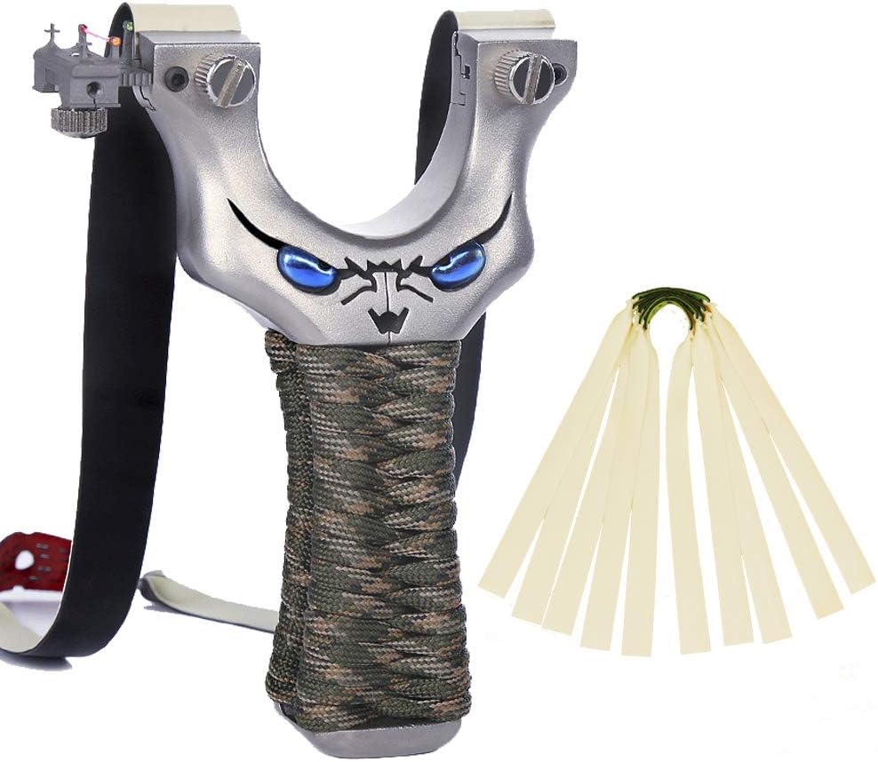 Obert Professional Outdoor Slingshot Catapult of High Velocity Eye Pattern Soft Handle for Adults Outdoor Exercise Stainless Steel Catapult with 5 Beige Rubber Bands