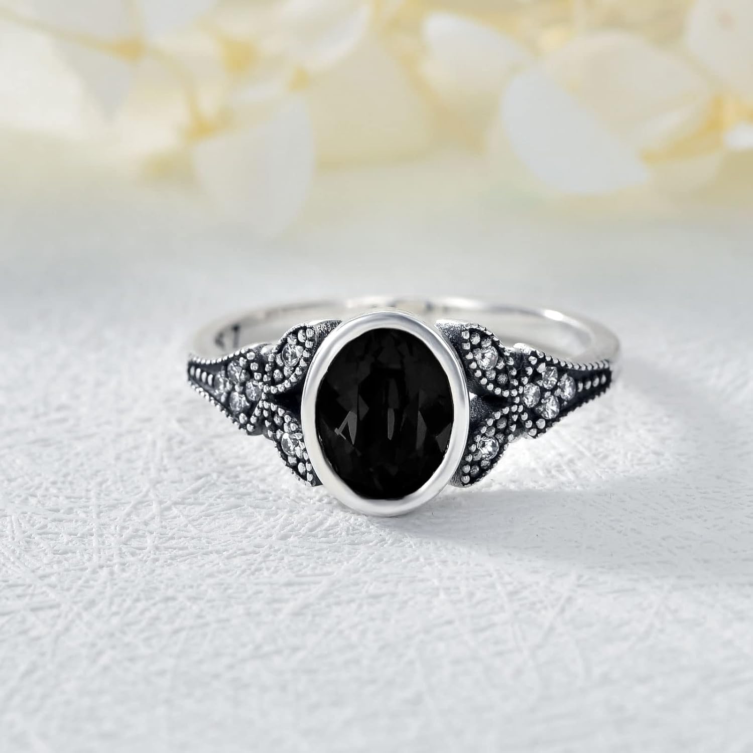 AOBOCO 925 Sterling Silver Retro Vintage Oxidized Band Ring with 8 * 6 mm Oval Cut Birthstone Rings Crystal Birthday Jewelry Gifts for Women