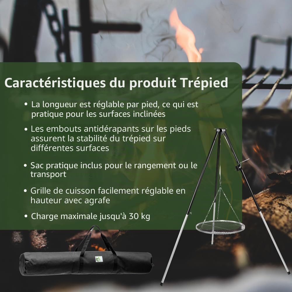 HeRo24 Barbecue pivotant à trois pieds, 170 cm, avec manivelle, trépied de barbecue réglable en hauteur, pour foyer et feu de camp, sans grille de cuisson