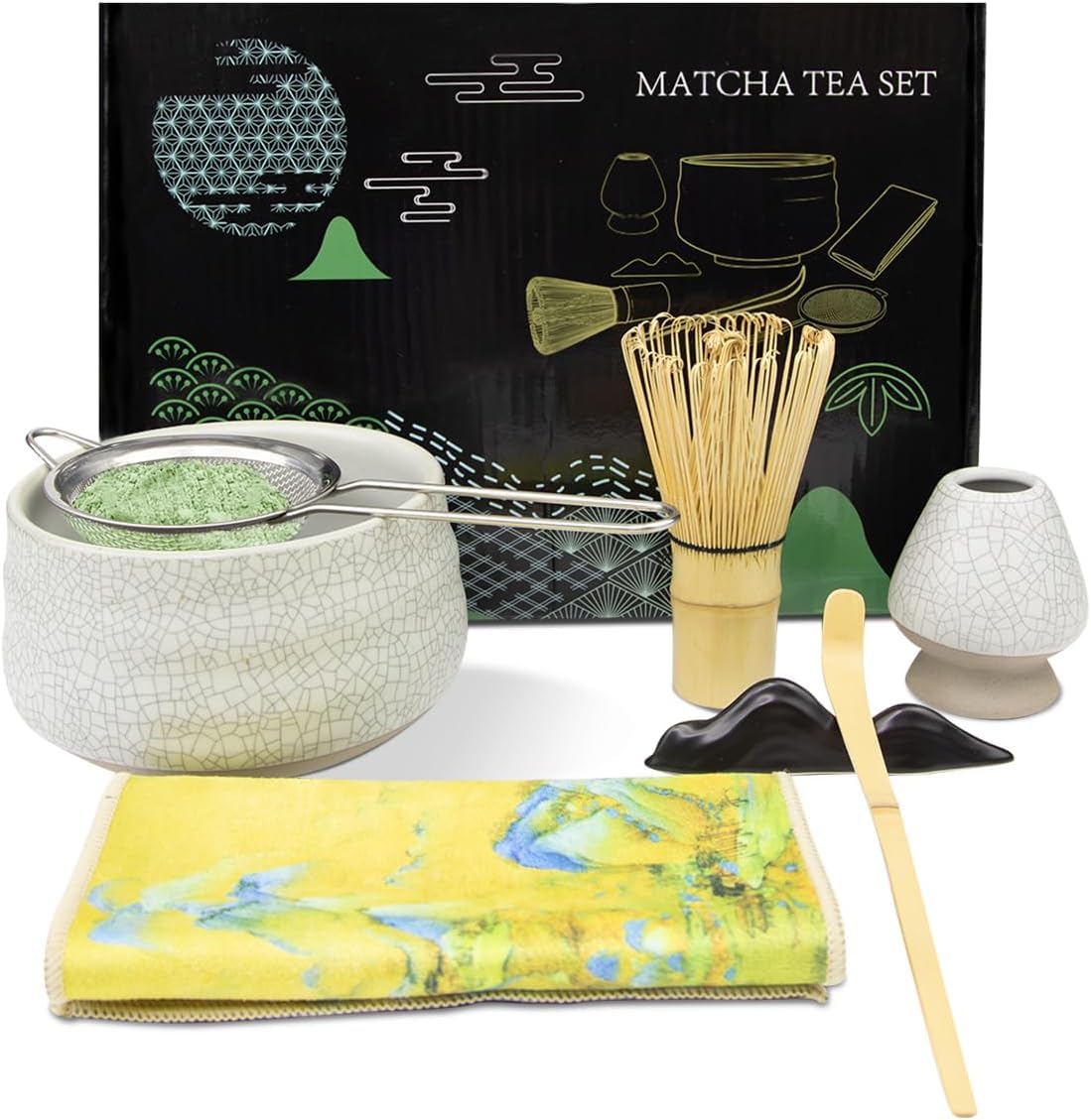 NEKIT Japanese Matcha Tea Set, 7 Pcs Matcha Whisk Set Include Matcha Bowl, Bamboo Matcha Whisk, Tea Scoop, Whisk Holder, Stainless Steel Tea Sifter, Traditional Handmade Tea Making Kit