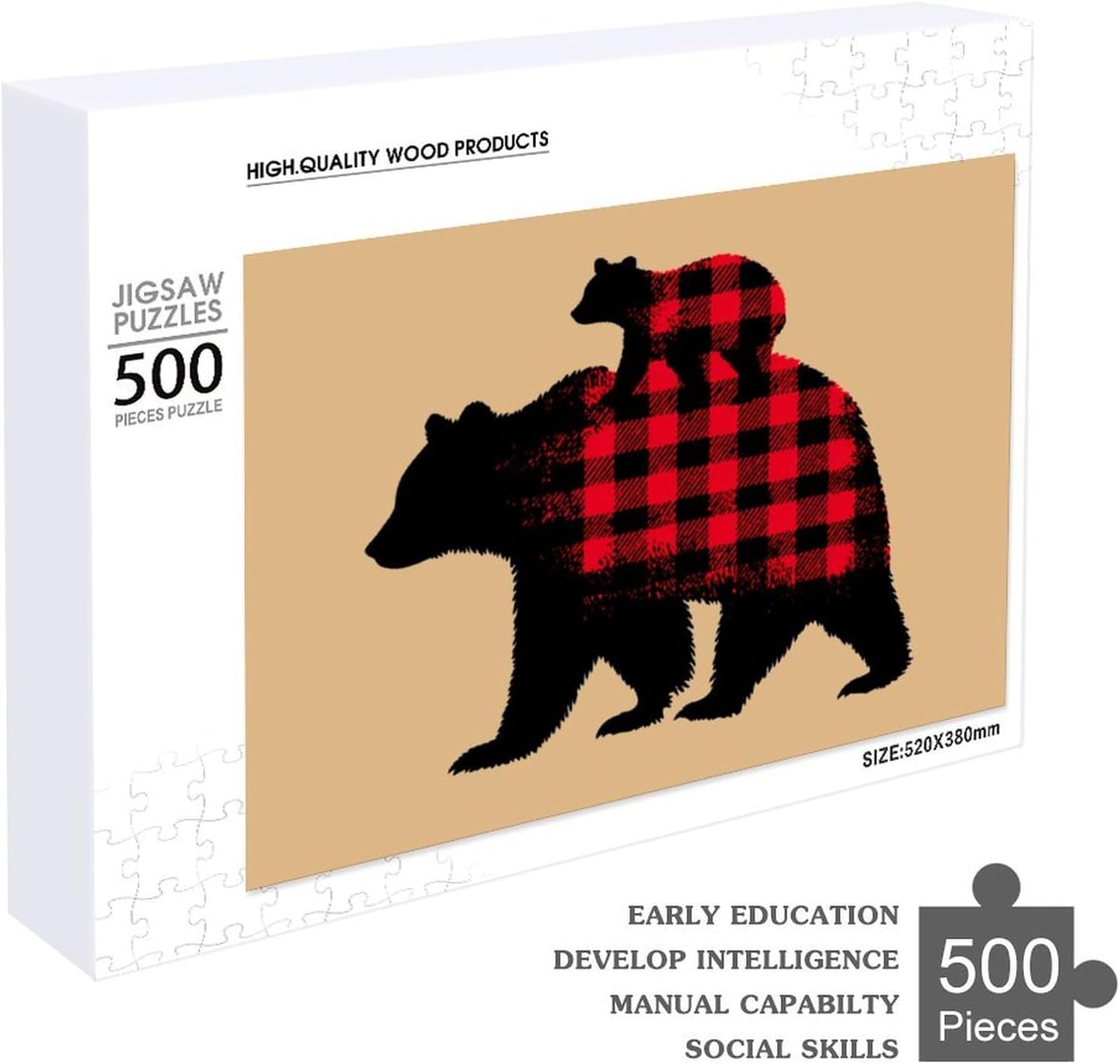Bear Buffalo Plaid Puzzles for Adults 500 PCS Wooden Jigsaw Puzzle Wall Decor Christmas